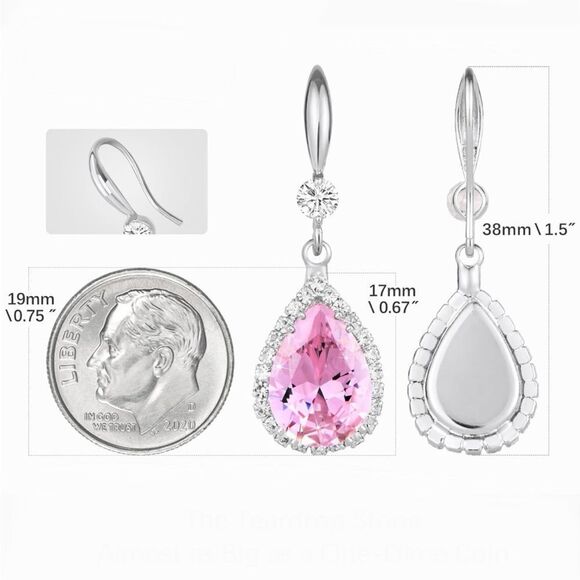 14K White Gold with Pink Sapphire Cubic Zirconia Teardrop Hook Dangle Earrings - Picture 5 of 5